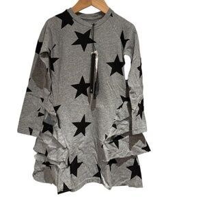 NUNUNU NWT grey stars layered ruffle long sleeve dress - size 3-4